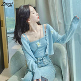 Sweater Women Two Piece Set Korean Fashion Flower Cropped Sweater Coat+Knitted Tank Top Casual Long Sleeve Loose