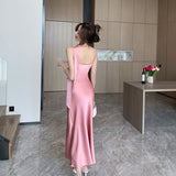 Sexy Backless Satin Midi Dresses for Women 2023 Elegant Party Sleeveless Casual Vintage Robe Female Fashion Prom