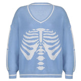 Skull Print V Neck Oversized Sweater Harajuku Casual Loose Knitted Top Pullovers Korean Punk Ladies Jumper