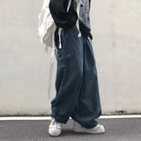Women Blue Vintage Y2K Streetwear Baggy Cargo Jeans High Waisted Straight Wide Leg Pants Denim Trousers Fairy Grunge Alt