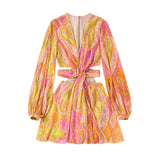 New Hollowed-Out Design Printed Long-Sleeved Dress