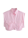 Color Y2K Women's Big Pocket Splicing Irregular Cardigan Polo Collar Shirt Top