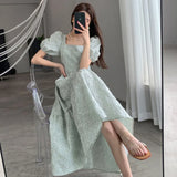 Vintage Green Dress Women Elegant Square Collar Puff Sleeve Jacquard Backless Midi Dress Ladies Retro Chic Korean
