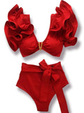 Sexy Ruffle Bikinis Women Swimsuit Print High Waist Swimwear Off The Shoulder Bathing Suit Beachwear Bandeau