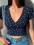 French retro floral V-neck short-sleeved T-shirt Slim slimming wild high waist T-shirt women's