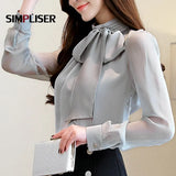 Grey Pink White Thin Shirts Women Bow Chiffon Blouses Plus Size Ladies Office Work Wear Tops Elegant Korean Style