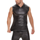 Zingj Matte Leather Vest Premium Soft Lacquered Leather Hooded Sleeveless T-Shirt With No