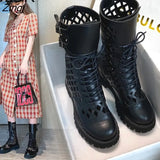 Sales Genuine Leather Hollow Out Short Boots for Women Buckle Round Toe Thiick Heels Pumps Ladies Retro Party