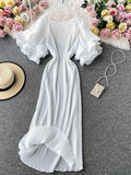 Round Neck Flare Short Sleeve Pleated Long Dress Vintage High Waist Ruffles Female Vestidos New Fashion Robe Mujer