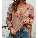 Women Long Sleeve Blouse Shirt Casual Ladies V neck Lace Hollow Out Office Shirts Tops Pullover Tops