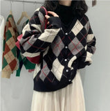 Zingj Version Bump Color Diamond Case Knitting Cardigan Female Autumn Winter New Wear Retro Loose V-Neck Sweater Coat