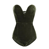 Burgundy Strapless Velvet Sexy Bodysuit Women Sweetheart Bodycon Backless Lace Up Body V Neck Party Club