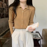Zingj New Polo Collar Button Thread Knitted Sweater Chic French Retro Inner Long-Sleeved
