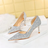 Zingj Sexy Banquet High Heels Fine Heel Super High Heel Shallow Mouth Pointed Side Hollow Out Shining Sequined Single