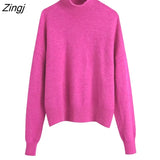 Women Simply Mock Neck Solid Green Color Casual Knitting Sweater Female Chic Basic Long Sleeve Pullovers Brand Tops