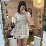 y2k Lace Frill Sundress Transparent Strap Bow Cute Sweet Mini Dress Women Party Holiday Retro Korean Chic Strap