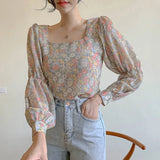 Women Blouses Liva Girl Korean Blouse Top Floral Square Collar Camisa Lantern Sleeves Sweet Versatile Chiffon