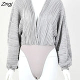 Deep V Neck Sexy Bodysuit For Women Long Sleeve Loose Ruched Body Tops Female Casual Solid Slim Body Suit Party