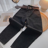 Straight Jeans Women with Belt Vintage Basic Blue Ankle-length Denim Pants Plus Size Boyfriend Gray Jeans