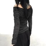 Striped Shoulder Long-Sleeved Blouse With A Lazy Wind And A Light Smock To Cover The Meat Shows A Thin