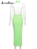 Halter Sexy Split Backless Maxi Dress for Women Summer Button V Neck Ribbed Elegant Dresses Shift Fashion