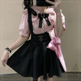 Lolita High Waist Mini Suspender Skirt Y2k Aesthetic Sweet Women Solid Streetwear Gothic Jk Saia Feminina Harajuku