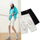 summer jeans short pants knee length denim hole black and white elastic trousers woman pants streetwear
