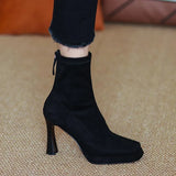 Zingj New 2024 Autumn And Winter Female Frosted Elastic High Heel Thick Heel Square Head Waterproof Platform Package Leg Thin Boots Ankle Boots High