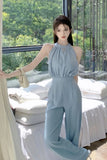 Lady Elegant Hanging Neck Off Shoulder Round Neck Jumpsuit Women's Sleeveless High Waist Slim Fit Wide Leg Jumpsuit