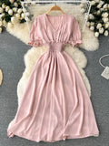 Vintage Green/Yellow/Blue/Beige Short Sleeve Long Dress Women Elegant V-Neck High Waist A-Line Maxi Vestidos New
