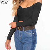 Women Solid Color Skinny Slim Fit Sexy Off Shoulder Long Sleeve V neck T Shirts Spring Autumn Short