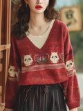 Cartoon Embroidery V-Neck Knitted Sweater Women's Autumn And Winter Lazy Wind Loose Leisure Holiday Two Age Reduction
