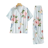 Pajamas Pants Set Viscose Peony Flower Short-sleeved Pyjamas Cardigan Print Home Clothes Suit Ropa Verano Mujer Pjs