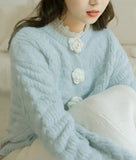 Blue Knitted Rose Buttoned Cardigan- Outfit