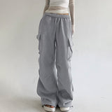 Zingj Spice Girl Asymmetrical Multi-Pocket Pleated Straight Leg Pants Women's Low Waist Draw Rope Loose Overalls Casual