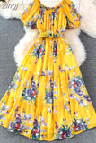 Women Floral Chiffon Dress Vacation Beach Vestidos Female Elegant Slash Neck High Waist A-Line Midi Robe Bohemian