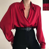 Button Blouses Turn Down Collar Shirts Office Lady Long Sleeve Casual Blouse Loose OL Shirt Baggy Tops Red/Wine Red