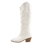 Onlymaker Women White Knee High Boots Western Cowboy Boots Wide Calf Embroidered Pointed Toe Block Heel Pull-On Cowgirl