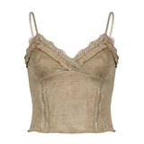 Trendy Lace Lace Spliced Suede Halter Top 2024 New Hot Girl Sexy V-Collar Slim