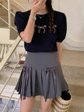 Bowknot Short Sleeve Round Neck Knit Top- Outfit