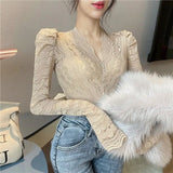 V-Neck Lace Basic Shirts Women Korean Blouse Female Casual Long Sleeve Slim Elegant Sexy Tops Lady 2021 Spring