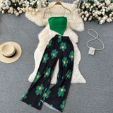 Zingj Girl Set Girl Strapless Strap Short Knit Top Print High Waist Wide Leg Trousers Two-Piece