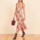 For Women Elegant Vintage Floral Dress Frill Sweetheart Neck Sleeveless Strap Tie Ruffle Hem Summer Beach