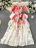 Series Holiday Dress Women's 2024 New Design Feeling Printed Lotus Leaf Edge One Word Shoulder-Length Chiffon