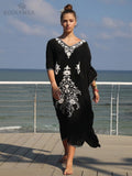 Quick-drying Black Indie Folk Embroidered Long Summer Beach Dress Moroccan Kaftan Plus Size Women Beachwear Maxi Dress