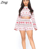 Women Cropped Top+Lace-up Pants Suit Knitting Christmas Prints Round Neck Long Sleeve Fall Leisure Wear Pajama Sets 2PCS