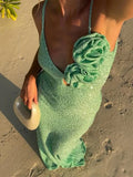 Sequins Solid Knitted Suspender Dress For Women Chic 3d Flower Slim Beach Vestidos Female Elegant Holiday Party Gown