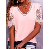 Women's T-Shirt Burst Lace Splicing Loose V-Neck Short-Sleeved