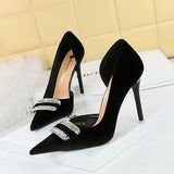 Zingj Banquet High Heels Female Shoes With Thick Suede Shallow Tip Side Hollow Ultra High Heel Water Diamond Buckle Single