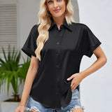 Office Lady Tops Satin Shirt Casual Fashion Women Short Sleeve Loose Blouse Turn Down Collar Button Clothes Elegant